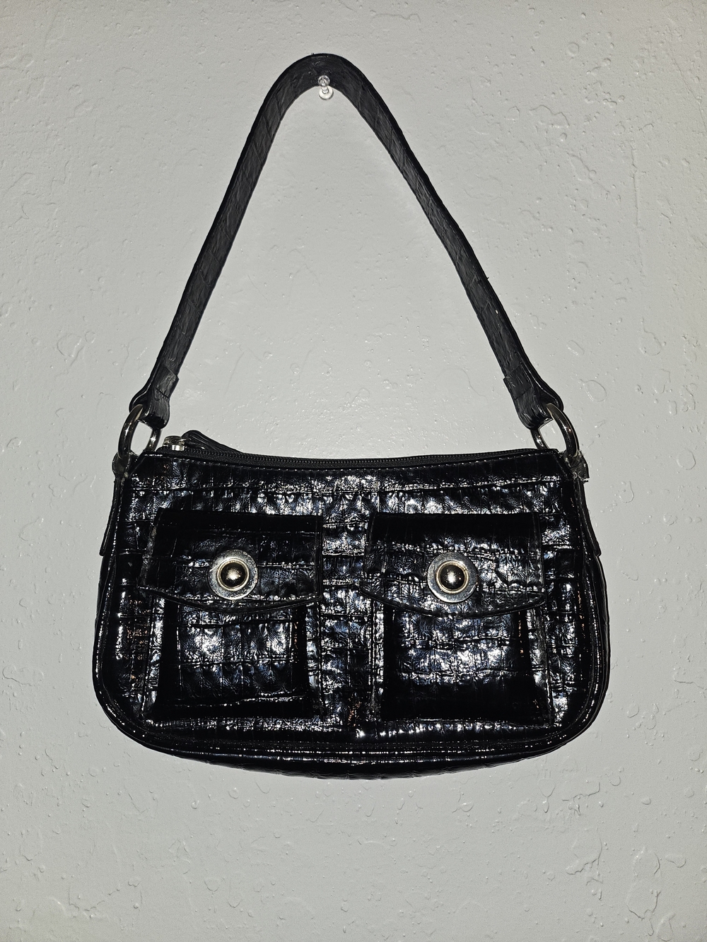 XOXO Y2K Black Patent Shoulder Bag with Dual Front Pockets
